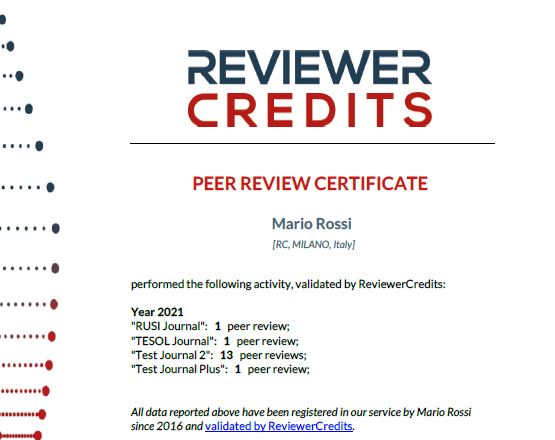 Peer Reviewer Certificate ReviewerCredits