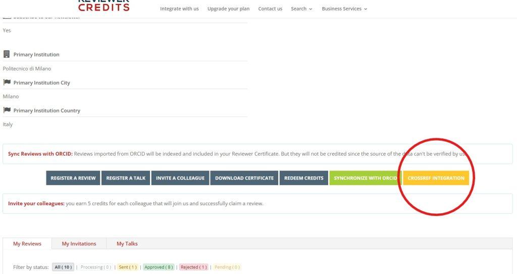 Reviewer Credits Crossref Integration Button