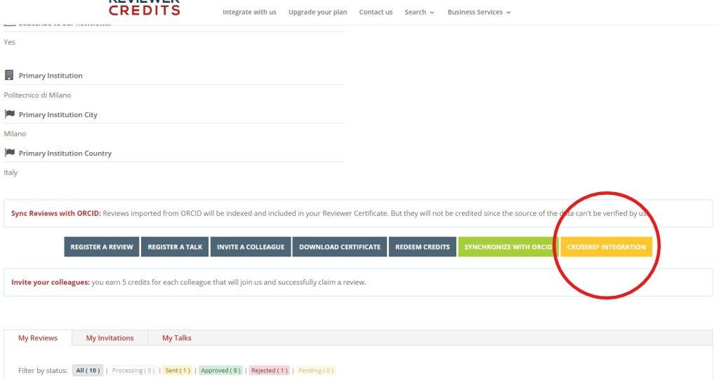 Reviewer Credits Crossref Integration Button