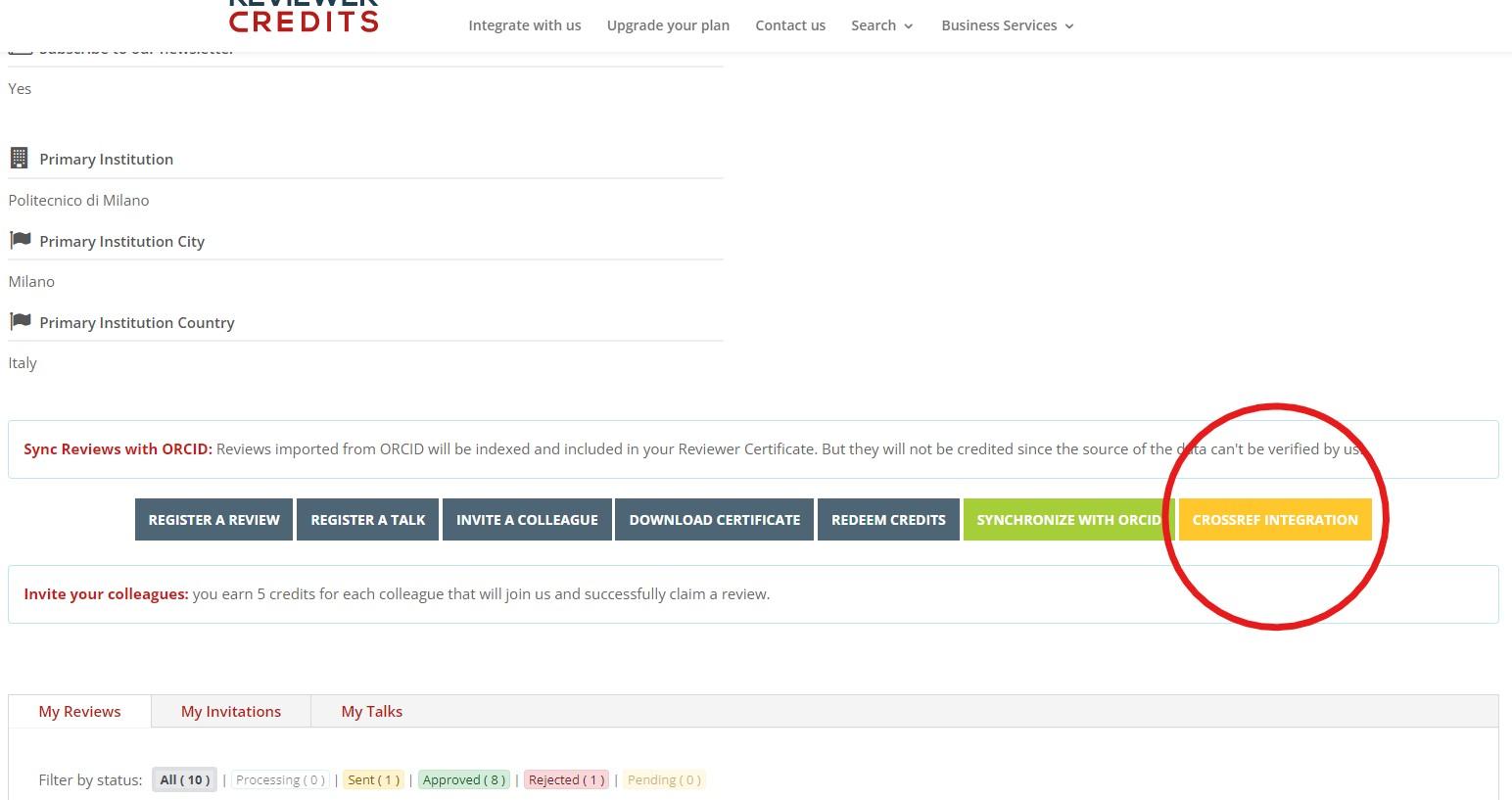 Reviewer Credits Crossref Integration Button